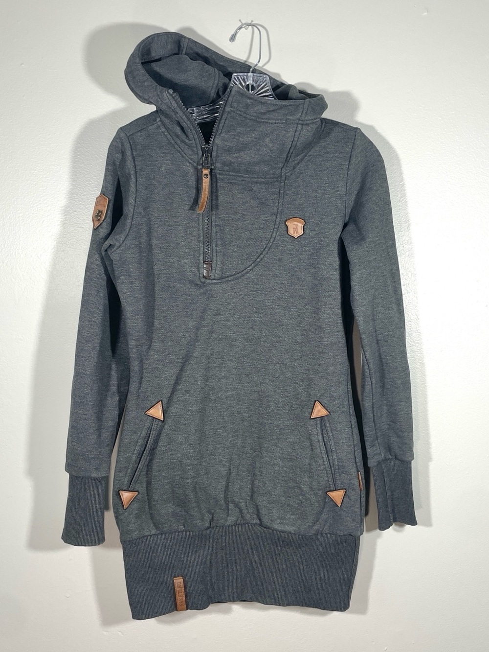 Naketano Gray Long Hooded Funnel Neck Pullover Hoodie Size Small